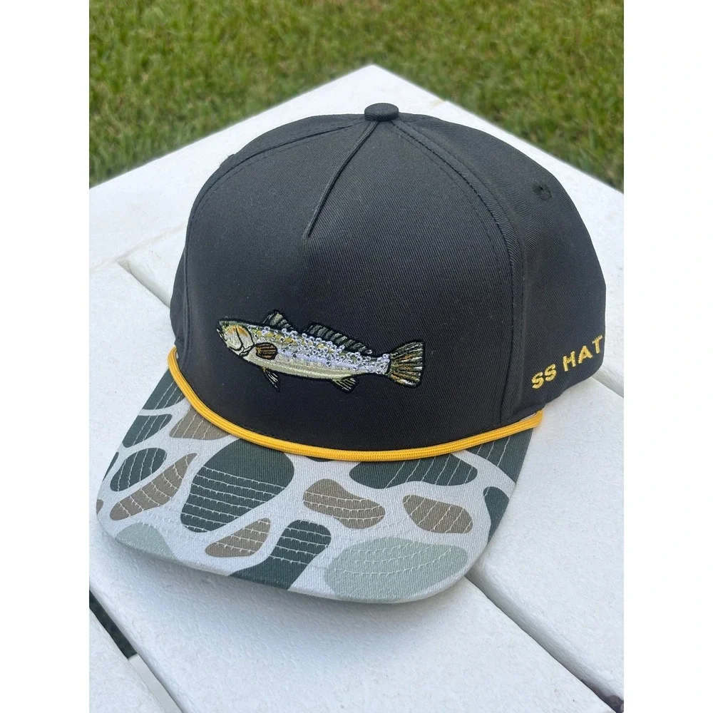 Southern String Hat Co Speckled Trout Fishing Snapback Camo Brim Hat Grey
